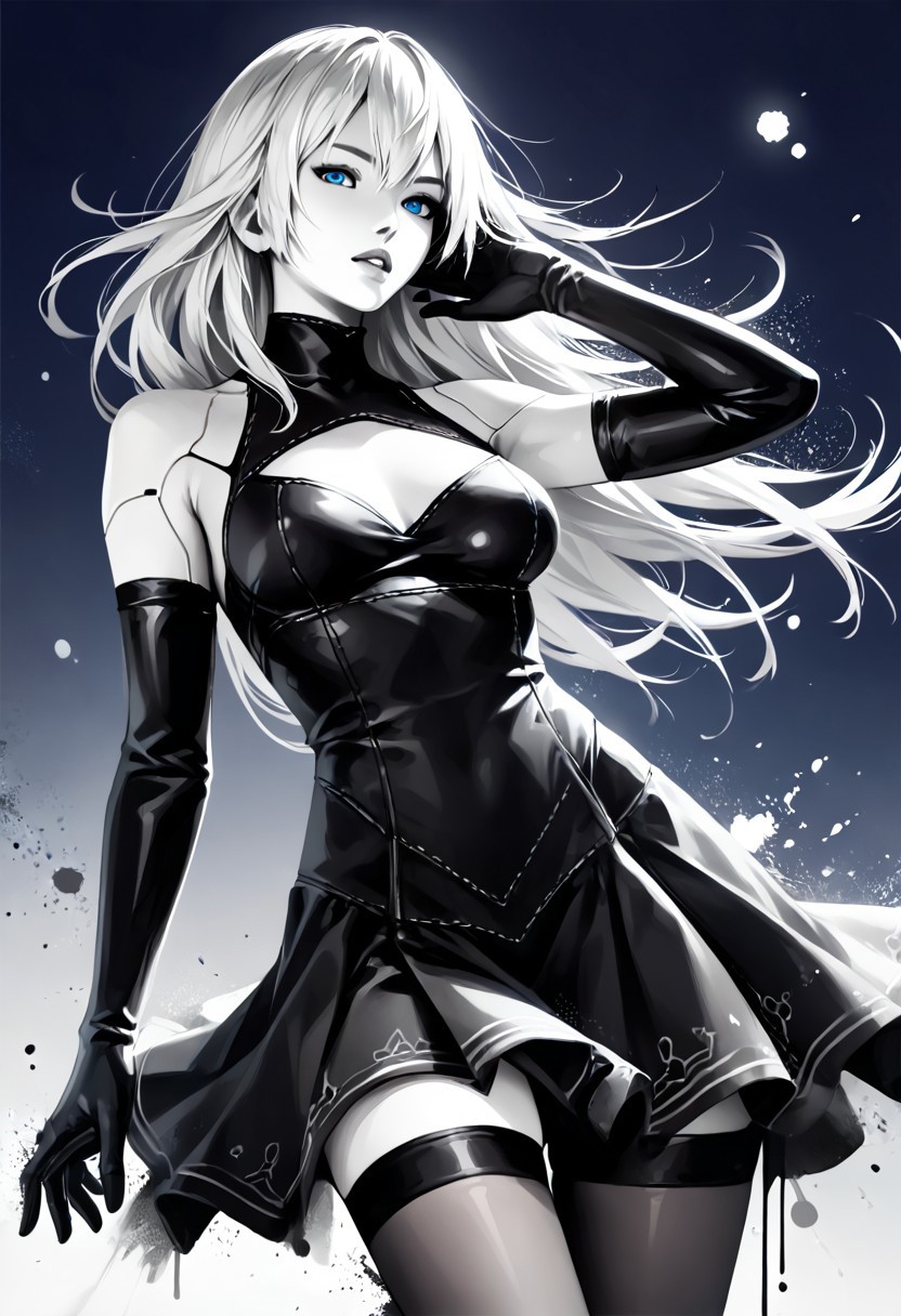 score_9, score_8_up, score_7_up, HD32K, 8K, absurdres, detailed anime image, perfect hands, detailed face, realistic skin texture, face in sharp focus, BREAK closeup portrait of girl, a2_\(nier:automata\),1girl,gloves,white_hair,long_hair,elbow_gloves,breasts,black_gloves,blue_eyes,android,joints,thighhighs, blue eyes, monochromemuse, monochrome, greyscale, ink splatter, gradient dark blue background