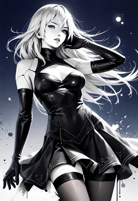 score_9, score_8_up, score_7_up, HD32K, 8K, absurdres, detailed anime image, perfect hands, detailed face, realistic skin texture, face in sharp focus, BREAK closeup portrait of girl, a2_\(nier:automata\),1girl,gloves,white_hair,long_hair,elbow_gloves,breasts,black_gloves,blue_eyes,android,joints,thighhighs, blue eyes, monochromemuse, monochrome, greyscale, ink splatter, gradient dark blue background
