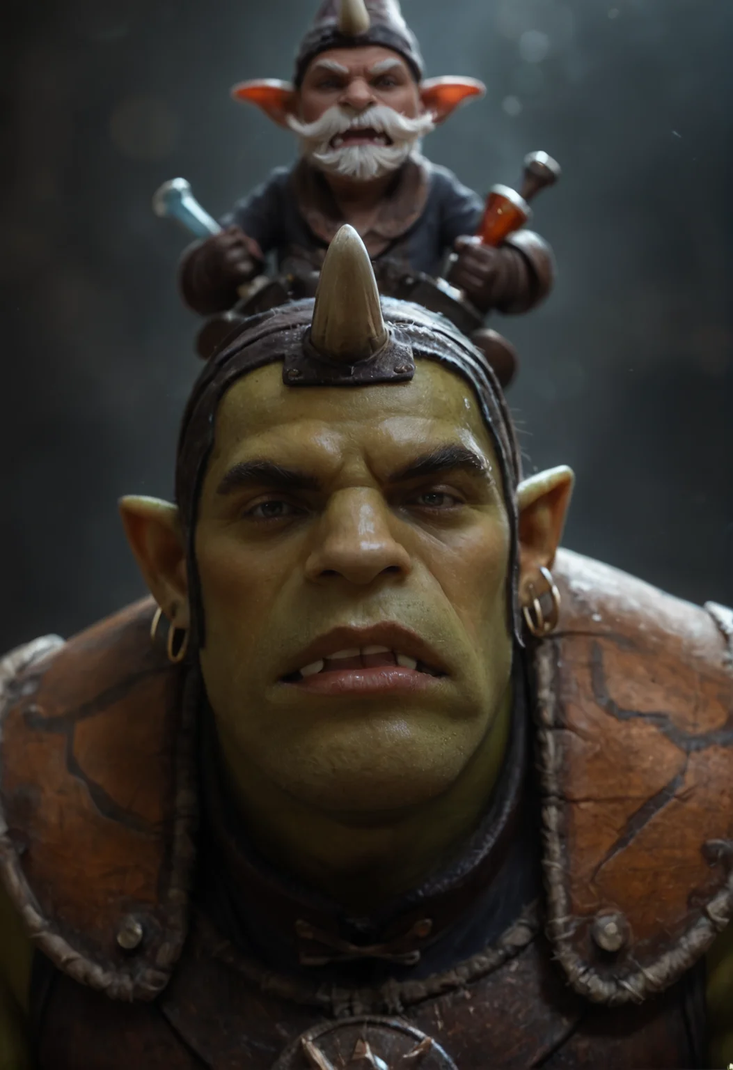 <lora:alhimist_v1:0.75>, alhimist_v1, 
2boys,multiple boys,
goblin, orc, pokemon \(creature\),
black eyes,
facial hair,mustache, beard, 
 single horn, 
 colored skin, green skin,  
pointy ears, teeth, 
earrings, nose piercing,
 brown footwear, armor, gloves, hat, helmet,  pants, torn clothes,, score_9, score_8_up, score_7_up, score_6_up, derpibooru_p_95, 
detailed eyes, beautiful, detailed background, perfect eyes, 
solo, 
__FULL__
blur censor, blurry, blurry background, blurry foreground, bokeh, motion blur,
chromatic aberration, depth of field, figure, focused,  focus
absurdres, amazing quality
photography, realistic sun light and shadows, photorealism, UHD --ar 9:16 --style raw --stylize 700,
rating_safe, cinematic, cinematic photo, close-up, portrait, orange rim lighting, atmospheric, bokeh, dynamic angle, vibrant lighting, dramatic shadows, highly detailed, realistic, high contrast, extremely detailed, photorealistic, professional, detailed skin, depth of field, film grain,