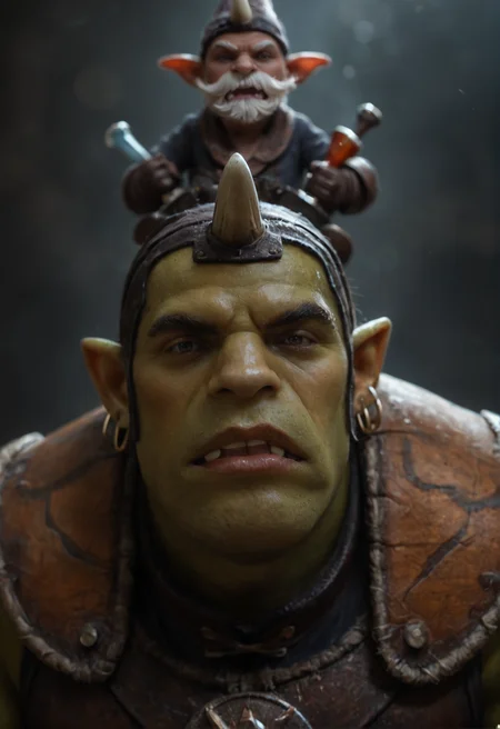 <lora:alhimist_v1:0.75>, alhimist_v1,
2boys,multiple boys,
goblin, orc, pokemon \(creature\),
black eyes,
facial hair,mustache, beard,
single horn,
colored skin, green skin,
pointy ears, teeth,
earrings, nose piercing,
brown footwear, armor, gloves, hat, helmet, pants, torn clothes,, score_9, score_8_up, score_7_up, score_6_up, derpibooru_p_95,
detailed eyes, beautiful, detailed background, perfect eyes,
solo,
__FULL__
blur censor, blurry, blurry background, blurry foreground, bokeh, motion blur,
chromatic aberration, depth of field, figure, focused, focus
absurdres, amazing quality
photography, realistic sun light and shadows, photorealism, UHD --ar 9:16 --style raw --stylize 700,
rating_safe, cinematic, cinematic photo, close-up, portrait, orange rim lighting, atmospheric, bokeh, dynamic angle, vibrant lighting, dramatic shadows, highly detailed, realistic, high contrast, extremely detailed, photorealistic, professional, detailed skin, depth of field, film grain,