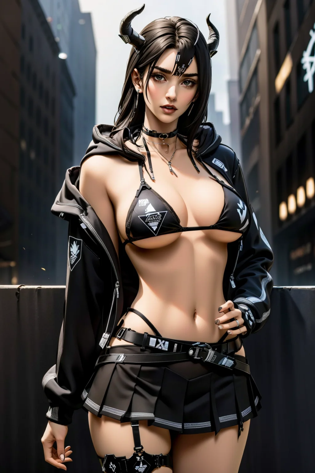 masterpiece, best quality, high quality,  <lora:detail_slider_v4:2> <lora:age_slider_v2:3>  <lora:techk1ttyblack:0.9> ttechk1tty, bikini,black bikini, black theme, plastic, lingerie, tech wear, choker, bra, garterbelt, belt, collar, black bikini, jacket, horns, black jacket, crop hoodie, hoodie, demon horns, cropped jacket, black hoodie, white horns, half skirt, pleated half skirt,