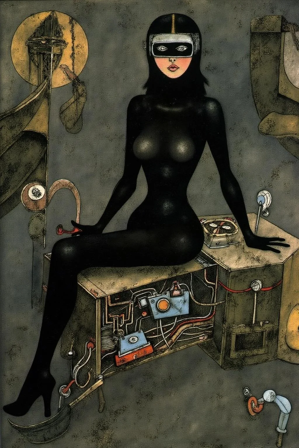 paulklee1 painting.
A striking, futuristic scene depicts a woman dressed in sleek, form-fitting leather attire, sitting confidently atop an open power suit, inspired by the cyberpunk aesthetics of Masamune Shirow. The power suit, a blend of advanced technology and military-grade armor, features intricate mechanical details, exposed wiring, and a robust, yet streamlined design. The woman, wearing a cutting-edge VR headset, exudes a sense of control and mastery over the machine beneath her. Her posture is relaxed yet commanding, with one hand resting on the suit's metallic surface and the other casually holding a piece of advanced tech.
<lora:paulklee1_cap_d8a4e12:1.0><lora:839866329436558670:0>