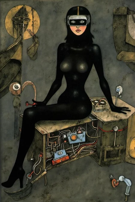 paulklee1 painting.
A striking, futuristic scene depicts a woman dressed in sleek, form-fitting leather attire, sitting confidently atop an open power suit, inspired by the cyberpunk aesthetics of Masamune Shirow. The power suit, a blend of advanced technology and military-grade armor, features intricate mechanical details, exposed wiring, and a robust, yet streamlined design. The woman, wearing a cutting-edge VR headset, exudes a sense of control and mastery over the machine beneath her. Her posture is relaxed yet commanding, with one hand resting on the suit's metallic surface and the other casually holding a piece of advanced tech.
<lora:paulklee1_cap_d8a4e12:1.0><lora:839866329436558670:0>