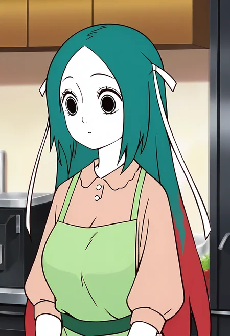 <lora:jingwei:1>,jingwei,1girl,solo,long hair,multicolored hair,red hair,green hair,hair ribbon,white ribbon,black_pulpil,white skin,
 green apron, shirt,, masterpiece,best quality,amazing quality,absurdres, anime screenshot,