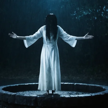 cinematic film still of <lora:Kayako Saeki Sadako Yamamura:1>
Sadako Yamamura a ghostly woman with her hair covering her face in a white dress standing in the rain behind a pit well with her arms raised up,solo,1other,blue theme,dark,tombstone , pale skin, supernatural, horror film, Japanese, extreme rage, sorrow, cinematic, film, movie, movie still, Ju-On The Grudge movie style, shallow depth of field, vignette, highly detailed, high budget, bokeh, cinemascope, moody, epic, gorgeous, film grain, grainy