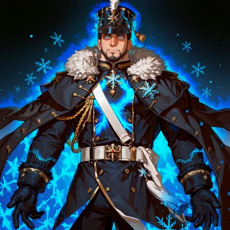 <lora:Edwin__Alchemist_Code-000004:.7>, tagatameedwin, 1boy, black hair, dark blue eyes, short hair, solo, male focus, manly, bara, mature male, muscle body, shako hat, fur trim, snowflakes pin, coat, aiguillette, shirt, sash, gloves, glowing pattern, tassel, pants, boots,
cowboy shot, 
(very short hair, beard, bara, mature, facial hair, stubble, beard, full beard, sideburn, beard, a lot of beard, ), facial hair,male focus, muscular male, muscular male, bara, mature,  bara, mature, aixiwuganda_(20222192), very awa, masterpiece, best quality, absurdres, newest, perfect quality, detailed background, intricate details,
<lora:slider_Body Type_alpha1.0_rank4_noxattn_last:3><lora:Anime Summer Days 2 Style SDXL_LoRA_Pony Diffusion V6 XL:.6><lora:slider_cfg_scale_boost:.7><lora:Artist6p:.55>, Artist6p, Artist04p,<lora:slider_il_brightness_slider_d1:-1><lora:slider_il_contrast_slider_d1:-1><lora:slider_DarkSlider1.2_alpha1.0_rank16_full_300steps:-.6><lora:slider_contract_controller_illus01_v1:.5>,