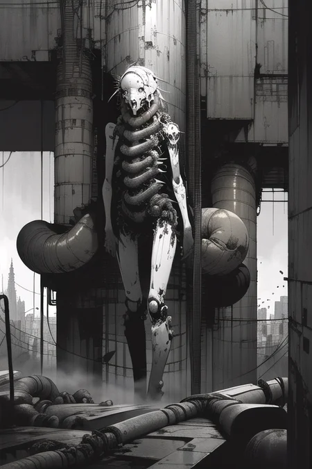 (masterpiece), (best quality), (high resolution), hyper detailed, solo, girl, detailed_background,vast, gigantic, decrepit scenery, covered in large tubes and cables, dim light, giant-gross-organic (organic works very well with buildings and city scenery) monsters-creatures, cyborg girl <lora:epiNoiseoffset_v2:1.3>, <lora:blameLora_v10:1>