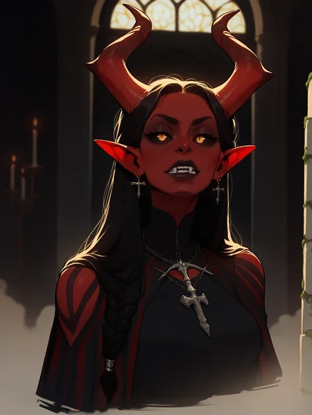 score_9, score_8_up,score_7_up, score_6_up, score_5_up, score_4_up, demon woman standing in dark gothic church, red skin, horns, black sclera <lora:incase:1>