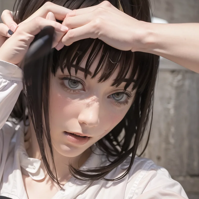 (4k, RAW photo, best quality, masterpiece:1.2), (realistic, photo-realistic:1.37), ultra-detailed,photon mapping, radiosity, physically-based rendering,cinematic lighting, full body, 1girl, looking at viewer, facing viewer, ringed eyes, black hair, wearing army clothes,