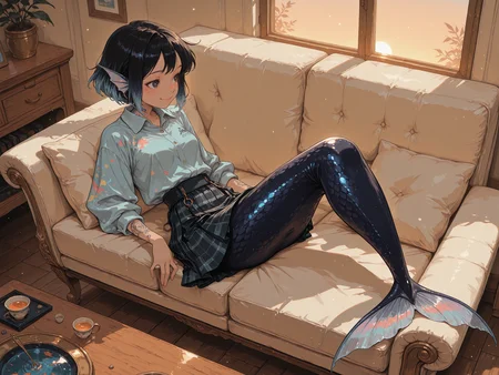 masterpiece,best quality,amazing quality,very aesthetic, re4lity_sync_illu, Sinozick_illu, LeIsT0_illu, 1girl, (solo:1.4), Bright_illu, LeIsT0_illu, 1r1d3sc3nc3, studio ghibli style, pastel colors, light blue light, studio ghibli style, soft lighting, shadows, soft shadows, pitch black, glowing outline, back light, light particles,, golden hour, 1girl, (solo:1.4), 
1girl, dark white eyes, smiling, dark indigo hair, dark black hair, multicolored hair, gradient hair, mermaid, dark white skin, colorful skin, multicolored skin, magical skin, tattoo, fish girl, gills, light Silver scales, iridescent scales, full body, tail fin,fins, medium breasts, from above, from side, 
colorful shirt, collared shirt, skirt, plaid skirt, feathered skirt, 
bedroom, couch, on couch, relaxing, 
<lora:TrendCraft_The_Peoples_Style_Detailer-v1.0A-3_13_2025-illustrious:0.4> <lora:StS-Illustrious-Detail-Slider-v1.0:2> <lora:S4bit4mago:0.6> <lora:illustrious_very_aesthetic_v1:0.3> <lora:Granblue Fantasy XLV2:0.3> <lora:xl_more_art-full_v1:0.2> <lora:1r1d3sc3nc3XLP:0.2> <lora:spo_sdxl_10ep_4k-data_lora_webui:0.4> <lora:ponyv3_ill01_2_adamW:0.4> <lora:WhiskyStyleV2:0.6> <lora:Karlanan_Style:0.6>