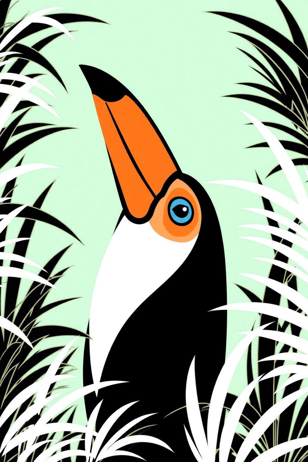 vector art. a toucan bird, characterized by its large, bright orange beak and blue eye. The toucan is set against a light green background, with its body partially obscured by stylized black and white leaves. The leaves are arranged in a way that frames the toucan's head, creating a sense of depth and focus on the bird <lora:vectorart1_cap_d6a3:1.0><lora:843602719055827088:0>