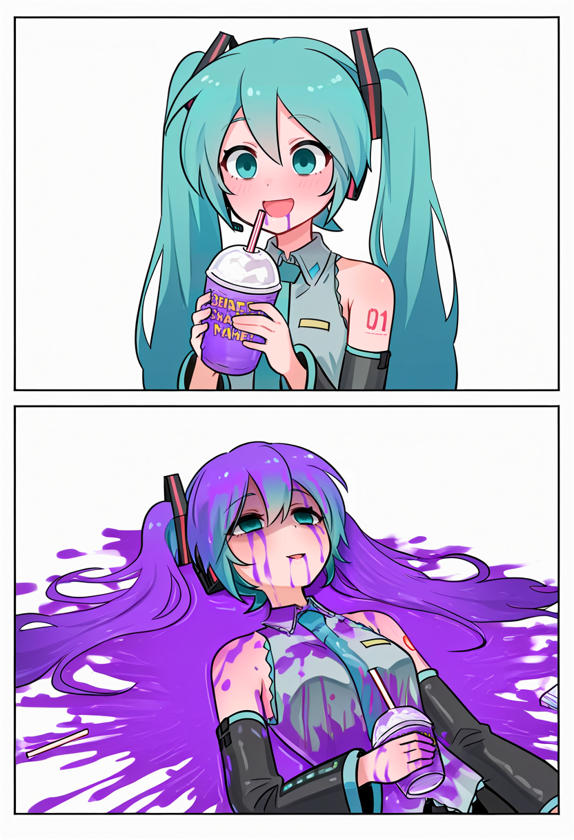 masterpiece, high quality, best quality, after grimace shake, grimace shake (meme), 2koma, before and after, comic, white background, simple background,
BREAK
1girl, hatsune miku, holding, disposable cup, purple liquid, drinking straw, smile, open mouth,
BREAK
1girl, hatsune miku, drinking straw, purple blood, purple liquid, disposable cup, on back, empty eyes, lying, death,  <lora:After_Grimace_Shake-000008:1>