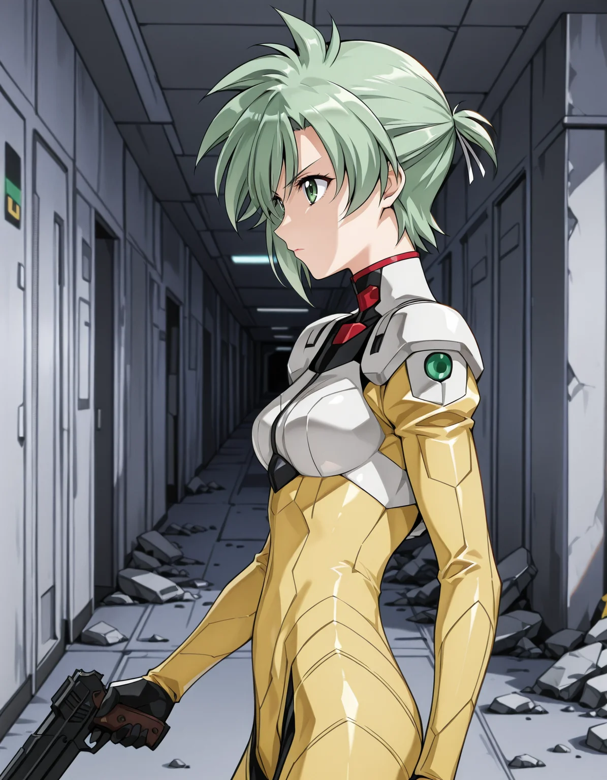 <lora:elnie-v2-illustrious-000040:1> elnie, pilot suit, (yellow bodysuit:0.6)
hallway, from side, holding gun, serious, rubble, upper body