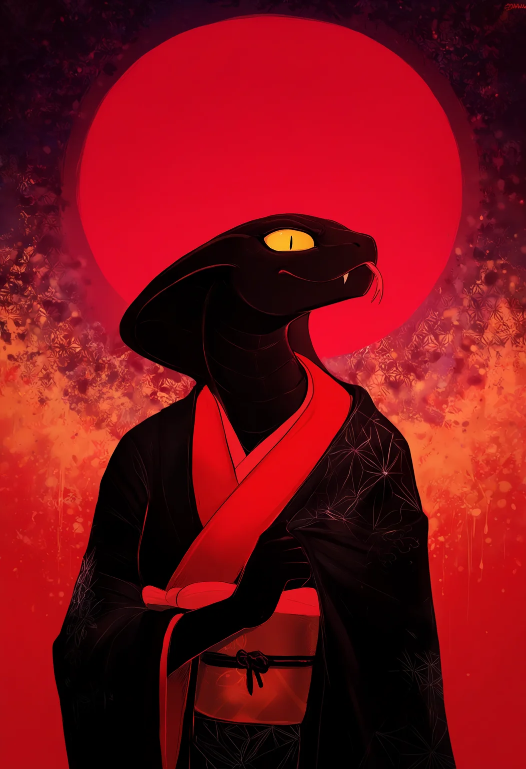 snake, anthro, kimono, cobra, kikumon, asa no ha \(pattern\), grinning, abstract background, pattern background, BREAK masterpiece, best quality, newest, high quality, very aesthetic, very awa,   <lora:Shadman_style:1> shadman,