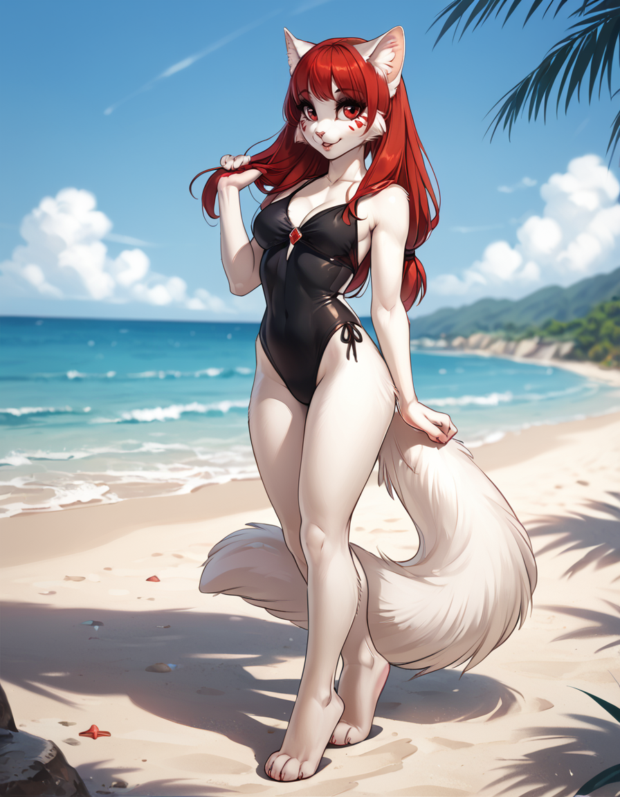 score_9,score_8_up,score_7_up,score_6_up,
outdoors, beach, standing, posing, swimsuit, full body, seductive smile, parted lips, long eyelashes,
<lora:Seelena_Zorn_v01_PDXL:1>,
Seelena,1girl,solo,furry female,cat girl,cat ears,animal ear fluff,long hair,bangs,red hair,red eyes,snout,animal nose,facial mark,body fur,white fur,cat tail,
<lora:add-detail-xl:1>,