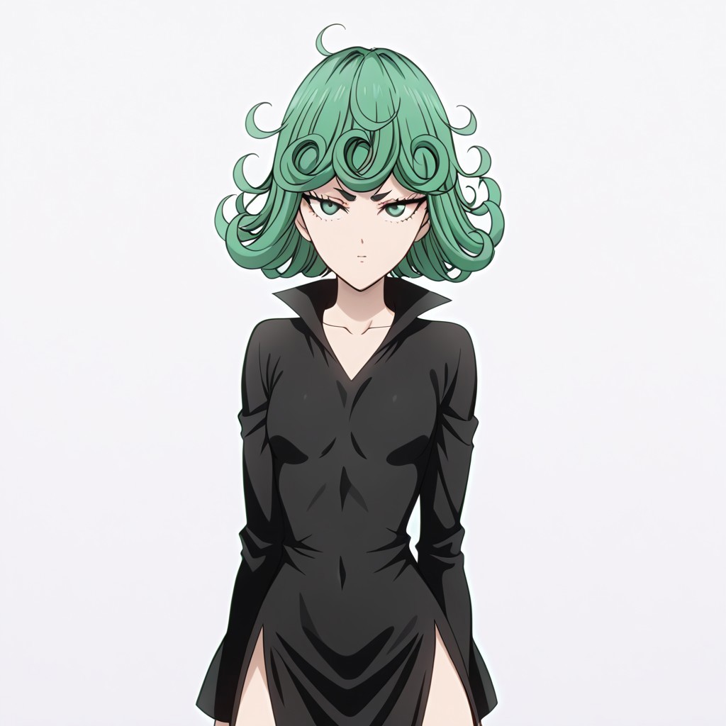 score_9, score_8_up, score_7_up, masterpiece, best quality, solo, 1girl, detailed eyes, screencap, looking at viewer, perfectly drawn face, perfectly drawn eyes, waist-up shot, waist-up view, white background, blank background, centered composition, tatsumaki, tatsumaki (one-punch man), green hair, green eyes, short hair, curly hair, mature female, small breasts, anime screencap, dress, black dress, side slit, collarbone, long sleeves