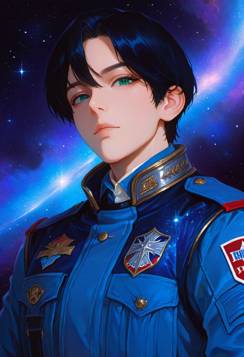 masterpiece, best quality, good quality, very aesthetic, absurdres, newest, 8K, depth of field, focused subject, epic, masterpiece, best quality, newest, absurdres, highres, traditional media, 1man, short hair, black hair, green eyes, militar white militar uniform, character portrait, , space fantasy uniform, looking at viewer,, colorful background, simple background, upperbody, standing, stoic, white and blue uniform, ((detailed face), starry background, space background, in the style of cknc, in the style of ck-rw, artist:moriimee, illustration, detailed face, front looking, 
748cmstyle, artist:moriimee