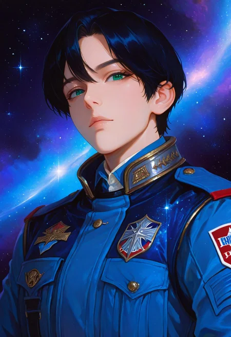 masterpiece, best quality, good quality, very aesthetic, absurdres, newest, 8K, depth of field, focused subject, epic, masterpiece, best quality, newest, absurdres, highres, traditional media, 1man, short hair, black hair, green eyes, militar white militar uniform, character portrait, , space fantasy uniform, looking at viewer,, colorful background, simple background, upperbody, standing, stoic, white and blue uniform, ((detailed face), starry background, space background, in the style of cknc, in the style of ck-rw, artist:moriimee, illustration, detailed face, front looking,
748cmstyle, artist:moriimee