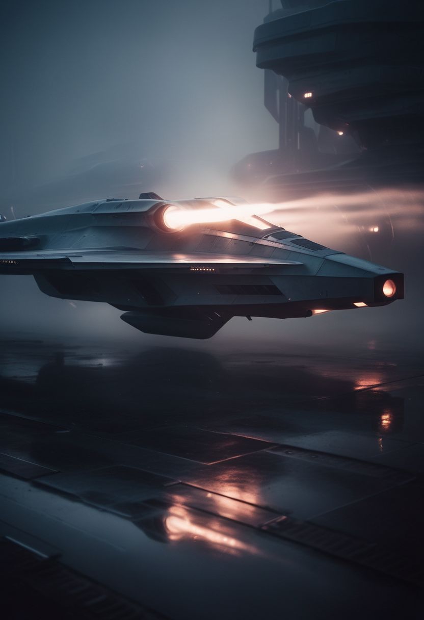 closeup shot of fight aircraft, in futuristic and sci-fi city, during twilight, dramatic, moddy, misty environment, low contrast muted colour tones, shot on a 500mm zoom lens, with a extreme shallow depth of field, creating a dreamy lens flare, shrouded in atmospheric fog, cinematic masterpiece, film noir asthetic, inspired by Christopher Nolan