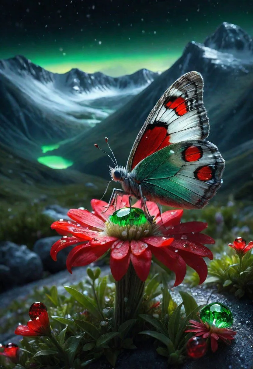 amazing quality, masterpiece, best quality, hyper detailed, ultra detailed, UHD, depth of field, mountains snowy peaks, (green butterfly), parking on (red floret), night, magic mountains, fog, firefly, transparent and polishing ral-ntrgmstn, on side, darkness, glowing, (dazzling light:1.2), water droplets after rain,
<lora:ral-ntrgmstn:1.2>,
<lora:add-detail-xl:0.8>,
<lora:quality1:0.8>,