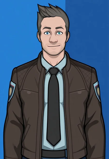 score_9, score_8_up, score_7_up, score_6_up, perfect anatomy, perfect proportions, best quality, masterpiece, high_resolution, high quality, best aesthetic, incredibly absurdres, highres, extremely detailed, huge filesize, solo male, adult, mature, masculine, manly, handsome, charming, alluring, standing, upper body, dutch angle, cowboy shot, perfect face, source_game \Criminal Case\), official style \(Criminal Case\), David Jones\(Criminal Case\), CCDavid, blue eyes, light brown hair, short hair, facial hair, stubble, five o'clock shadow, CCDavid_outfit02, police uniform, light blue collared shirt, long sleeves, black necktie, brown police jacket, police department logos on sleeves,