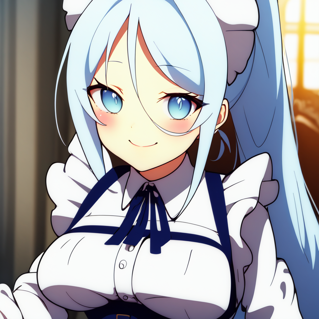 (score_9_up, score_8_up, score_7_up), (masterpiece, best quality, very aesthetic, ultra detailed, intricate details, anime style, vibrant colors, dynamic lighting, expressive characters, high resolution, smooth lines, highly detailed eyes, studio quality, vivid contrast),1girl, large breasts, long hair, solo, apron, blue hair, maid headdress, maid, smile, looking at viewer, ponytail, blush, blue eyes, long sleeves, hair between eyes, frills, shirt, bangs, white shirt, maid apron, dress, white apron, ribbon, frilled apron, parted bangs, skirt, light blue hair, blue dress, indoors