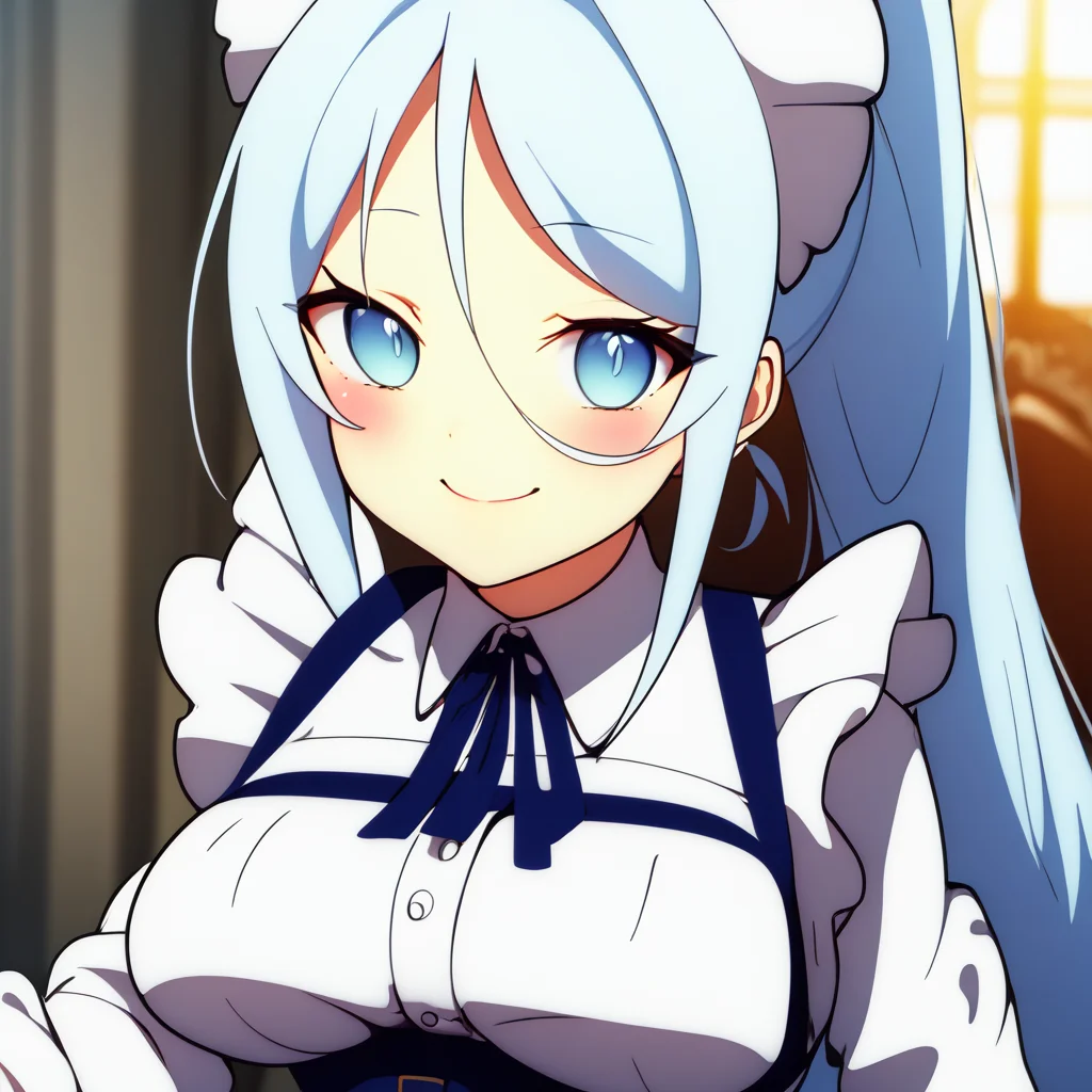 (score_9_up, score_8_up, score_7_up), (masterpiece, best quality, very aesthetic, ultra detailed, intricate details, anime style, vibrant colors, dynamic lighting, expressive characters, high resolution, smooth lines, highly detailed eyes, studio quality, vivid contrast),1girl, large breasts, long hair, solo, apron, blue hair, maid headdress, maid, smile, looking at viewer, ponytail, blush, blue eyes, long sleeves, hair between eyes, frills, shirt, bangs, white shirt, maid apron, dress, white apron, ribbon, frilled apron, parted bangs, skirt, light blue hair, blue dress, indoors