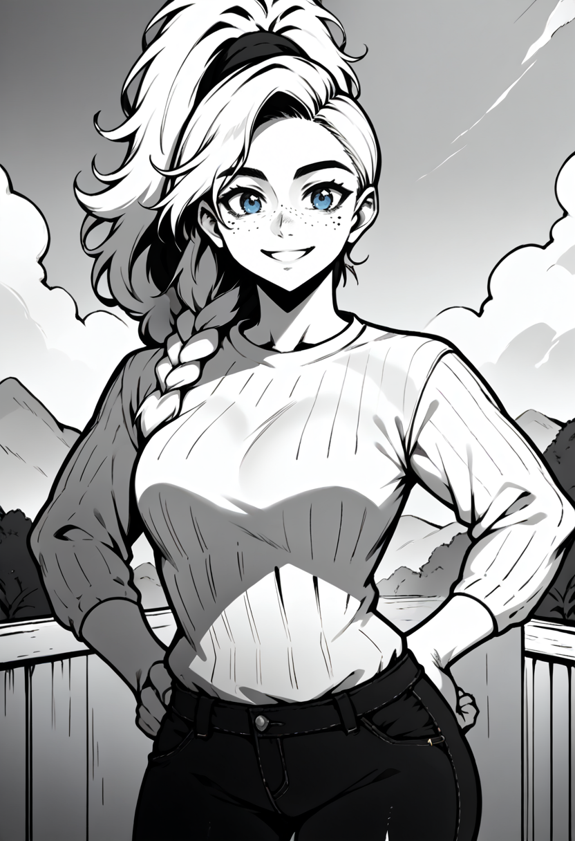 score_9, score_8_up, source_anime, monochrome, 1girl, solo, mhGemma, blonde hair, long hair, high ponytail, braid, blue eyes, freckles, outdoors, sweater, ribbed sweater, jeans, hands on hips, smile, <lora:Potat_dark_ink_v1_monochrome-RS24:1> , <lora:clamMHGemmaPD_v10:1>