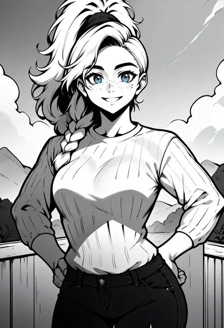 score_9, score_8_up, source_anime, monochrome, 1girl, solo, mhGemma, blonde hair, long hair, high ponytail, braid, blue eyes, freckles, outdoors, sweater, ribbed sweater, jeans, hands on hips, smile, <lora:Potat_dark_ink_v1_monochrome-RS24:1> , <lora:clamMHGemmaPD_v10:1>