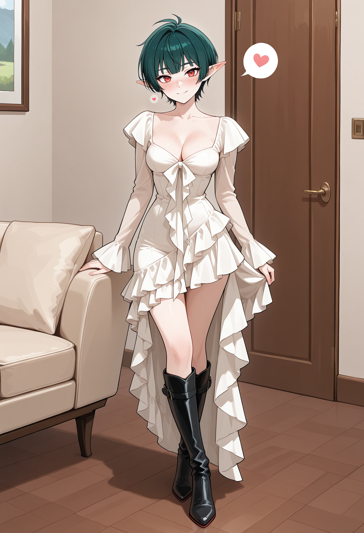 1girl, green hair, pointed ears, short hair, red eyes, medium breasts, tomboy face, freckles,
heart, cleavage, spoken heart, looking at viewer, smile,  blush, standing, bangs, high heels, over knee boots,
living room,
matakawadress, long dress, long sleeves, asymmetrical skirt, frills dress, bare neck, white dress, <lora:MatakawaDressIlv2:0.9>,
masterpiece,best quality,amazing quality,   <lora:gogalkingIL-style:0.8>
