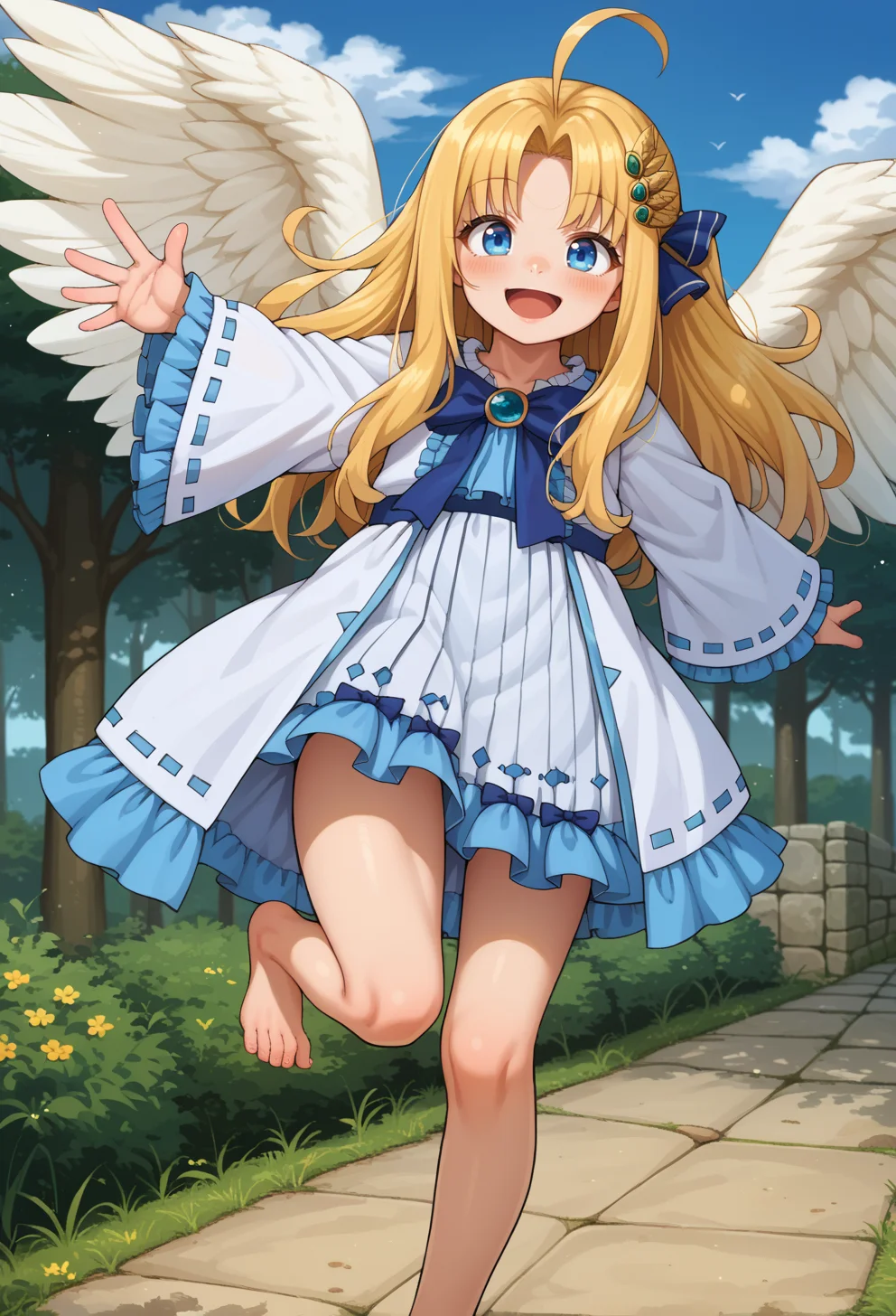 score_9, score_7_up, source_anime, <lora:AEFiloPony:0.8> BREAK
AEFiloDef, blue eyes, blonde hair, long hair, parted bangs, ahoge, white wings, feathered wings, hair ornament, white dress, blue bowtie, frilled dress, frilled sleeves, long sleeves, wide sleeves, barefoot,
standing on one leg, smile, open mouth, full body, blue sky, petite, outstretched arms,