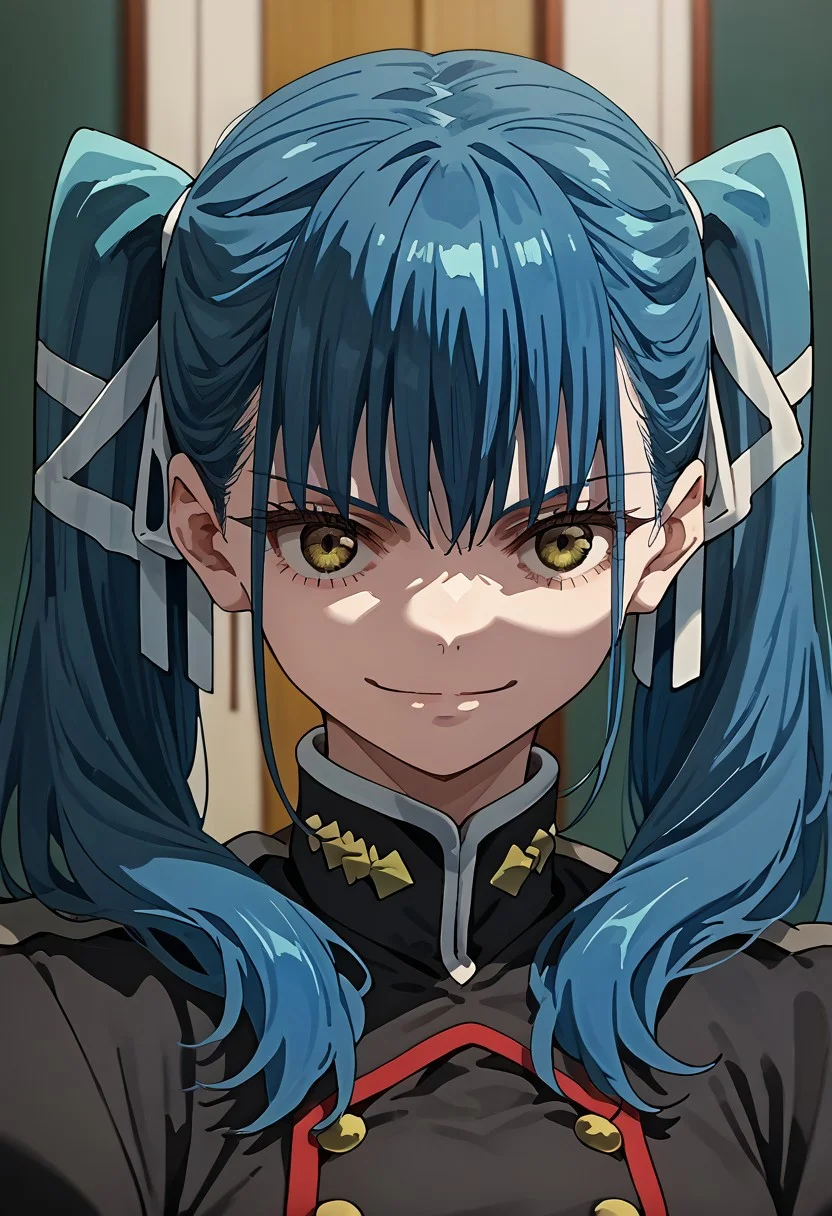 score_9,score_8_up,score_7_up,source_anime,YACHIHO_AZUMA,1girl,solo,smile,bangs,ribbon,twintails,closed mouth,blue hair,hair ribbon,upper body,uniform,portrait,white ribbon,