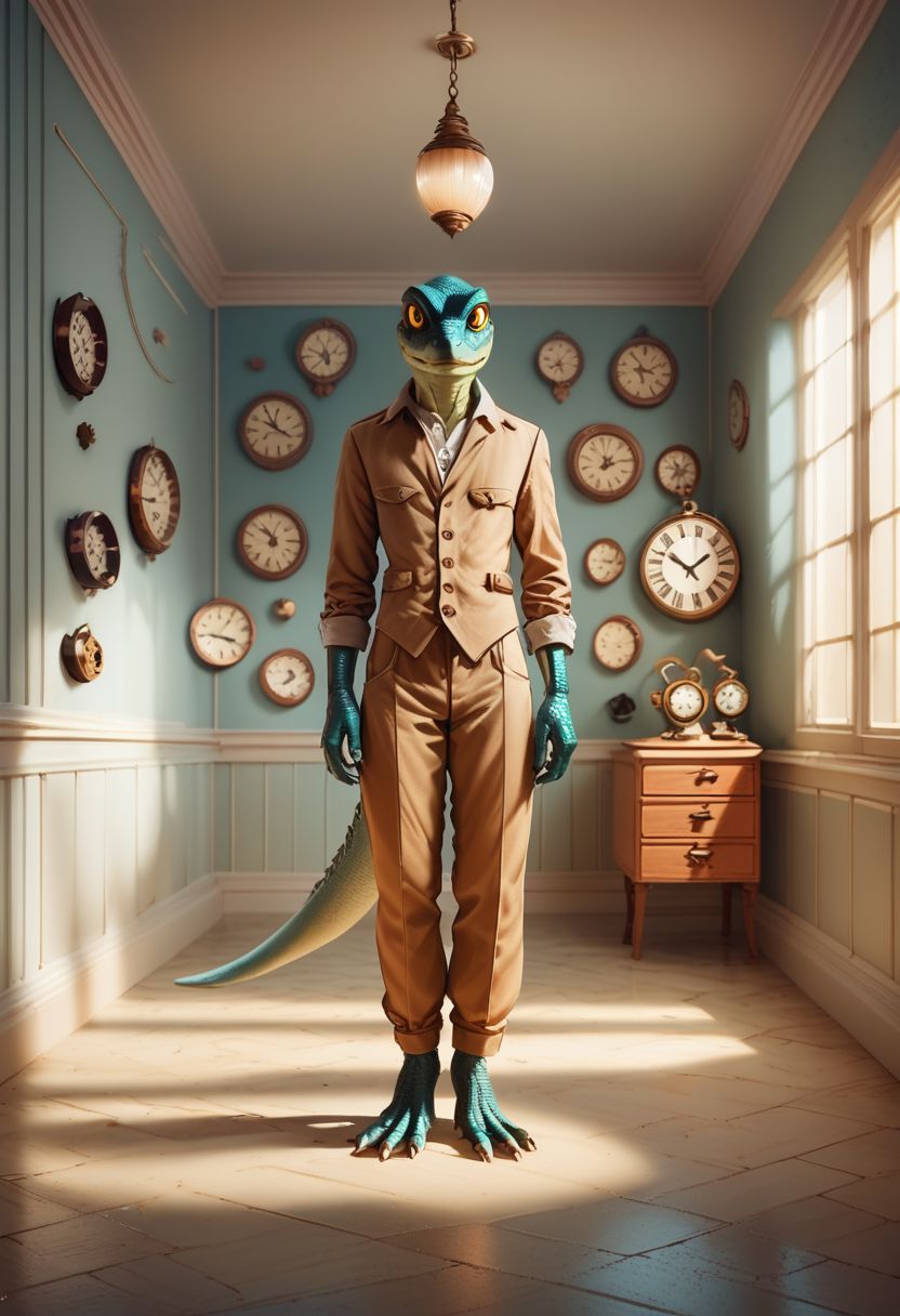 score_9,score_8_up,score_7_up, SurrealWorld, surreal, Wes Anderson style, anthropomorphic lizard standing in a clock room, looking at the viewer