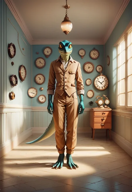 score_9,score_8_up,score_7_up, SurrealWorld, surreal, Wes Anderson style, anthropomorphic lizard standing in a clock room, looking at the viewer
