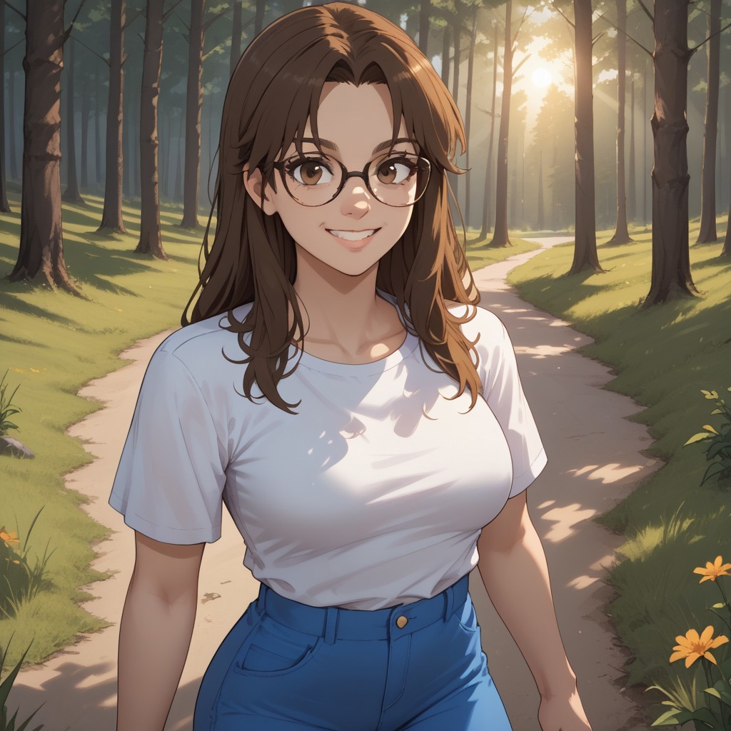 score_9, score_8, BREAK, solo, brown hair, long hair, brown eyes, glasses, white shirt, breasts, blue pants, sandals, Abigail Alburton, sexy pose, self portrait, smile, outdoors, sunlight, shadows, evening lighting, natural lighting, forest, trees, grass, orange sky, sunset