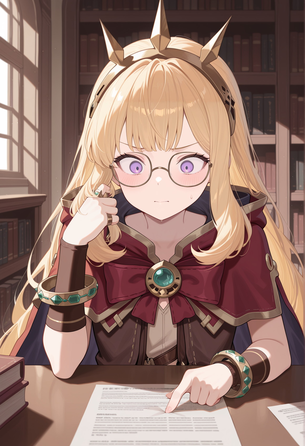 1girl, solo,  long hair, blonde hair, purple eyes, spiked hair ornament, white shrirt, brown vest, chest ribbon, brooch, wristband, bracelet, red cape, upper body, sitting, desk, pointing at paper, glasses, indoors, library, pov, hand on hair <lora:Cagliostro_illus:1>, masterpiece, best quality, amazing quality, very aesthetic, absurdres, highres, newest
