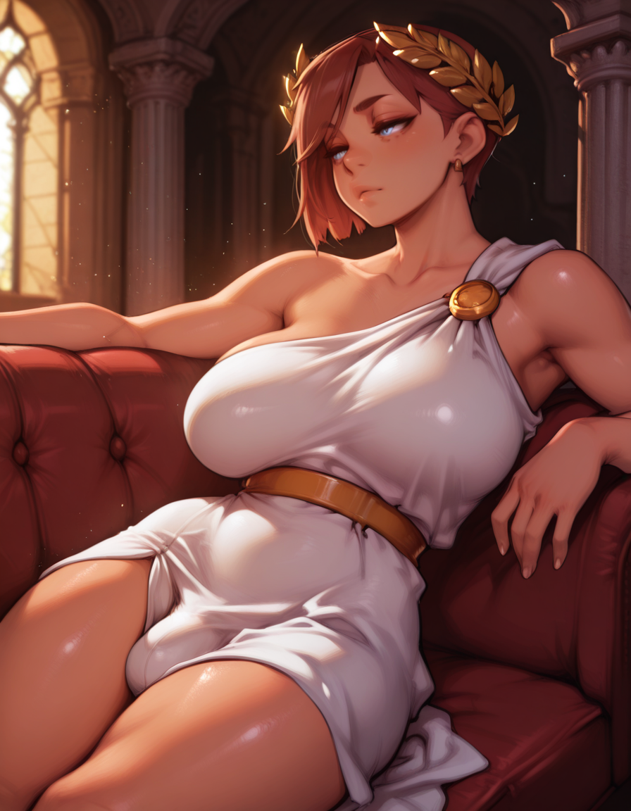 masterpiece,  best quality,  1girl, solo,  absurdres, 
huge breasts,
lucidg,
short hair, brown hair, blue eyes,
white dress, laurel crown, greek clothes, 
bulge,
reclining on a couch, legs draped over the armrest, seductive stare, , high up ,
fantasy, temple, pillars,
glowing, light particles, blurry background,
embedding:SmoothQuality,