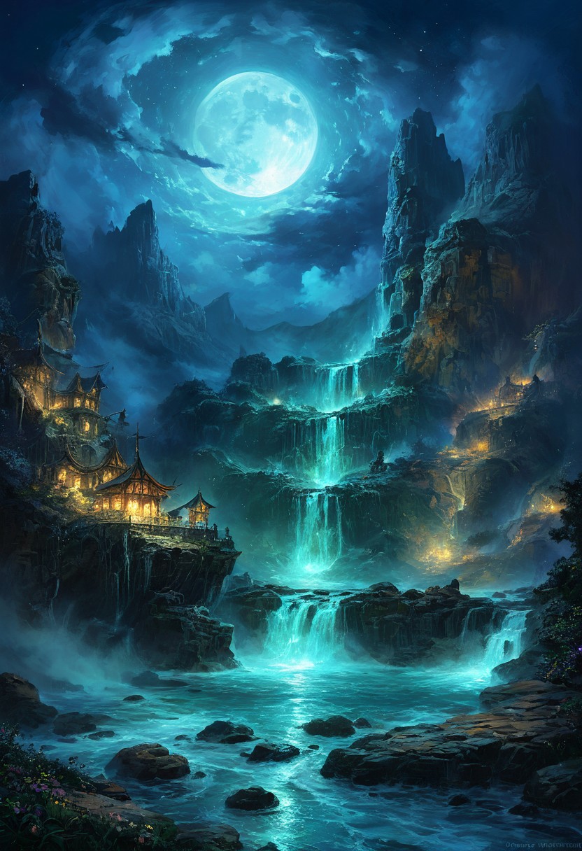 (by Ellen Jewett:1.5), (Bioluminescent Impressionism, , The Dreamland, Under the eerie glow of a blue crescent moon, a bright and wonderous landscape unfolds . A vibrant, and glowing brown lumenarium flying ship flies over a wonderful landscape of  great, yet lush canyones  with waterfalls.  Its black paint contrasts starkly with the wonderous atmosphere. In the background, more waterfalls cascades down jagged rocks,the water glistening in the moonlight. urithiru, tower city, up on a mountain,  Thick,s wirling clouds loom overhead,adding to the sense of a magical presence. The moonlight filters through the clouds,casting an otherworldly glow over the scene. The air is thick with mysticism,as if the very night holds ancient secrets and powerful magic.  [romantic impressionism,dream scenery art,beautiful oil matte painting,romantic,style of thomas kinkade,beautiful digital painting,anime landscape,romantic painting,dreamlike digital painting,colorful painting,beautiful gorgeous digital art,style of greg rutkowski,janek sedlar,jenny saville:0]  <lora:vivid_everclear:0.35>  <lora:Sinozick:0.35>  <lora:MJ52:0.35>, view from above,  biotech emotion:1.3) <lora:xl_more_art-full_v1:0.5> <lora:add-detail-xl:1> <lora:RMSDXL_Creative:2>