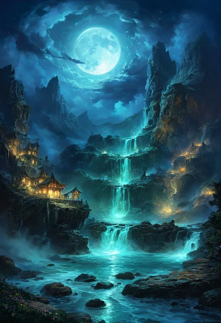 (by Ellen Jewett:1.5), (Bioluminescent Impressionism, , The Dreamland, Under the eerie glow of a blue crescent moon, a bright and wonderous landscape unfolds . A vibrant, and glowing brown lumenarium flying ship flies over a wonderful landscape of  great, yet lush canyones  with waterfalls.  Its black paint contrasts starkly with the wonderous atmosphere. In the background, more waterfalls cascades down jagged rocks,the water glistening in the moonlight. urithiru, tower city, up on a mountain,  Thick,s wirling clouds loom overhead,adding to the sense of a magical presence. The moonlight filters through the clouds,casting an otherworldly glow over the scene. The air is thick with mysticism,as if the very night holds ancient secrets and powerful magic.  [romantic impressionism,dream scenery art,beautiful oil matte painting,romantic,style of thomas kinkade,beautiful digital painting,anime landscape,romantic painting,dreamlike digital painting,colorful painting,beautiful gorgeous digital art,style of greg rutkowski,janek sedlar,jenny saville:0]  <lora:vivid_everclear:0.35>  <lora:Sinozick:0.35>  <lora:MJ52:0.35>, view from above,  biotech emotion:1.3) <lora:xl_more_art-full_v1:0.5> <lora:add-detail-xl:1> <lora:RMSDXL_Creative:2>