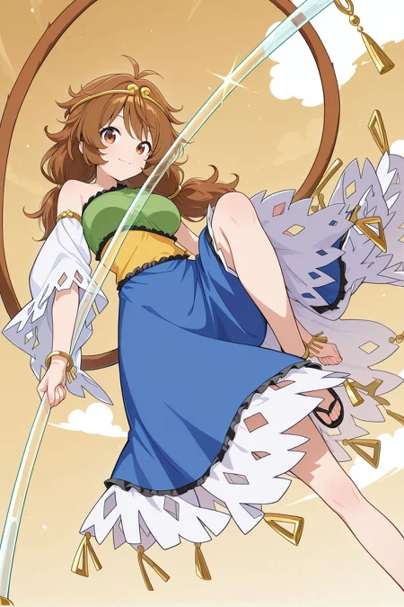 absurdres, highres, masterpiece, best quality, amazing quality, official anime artwork, screencap, anime screencap, outdoors, looking at viewer, light smile, dynamic pose, 
yellow sky, cloud,  
<lora:Son-Biten_Illustrious:1> son biten, 1girl, solo, brown eyes, brown hair, long hair, low twintails, antenna, monkey tail,, gold circlet, jewelry, green dress, sleeveless dress, single-shoulder dress, single detached sleeve, bracelet, yellow dress, blue skirt, holding rod, ruyi jingu bang,  transparent rod,