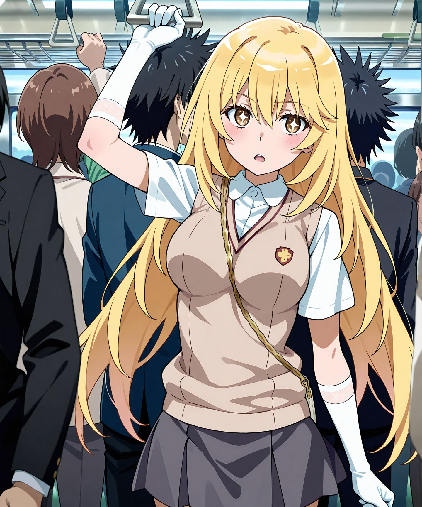 <lora:add-detail-xl:0.5>,,masterpiece,best quality,anime coloring,anime screenshot,
<lora:sex_on_train:0.3>sex_on_trainV1,
1girl,standing,one arm up, crowd,multiple boys, 
standing,train interior, solo, holding,triangle train strap,front view,
kamijou touma, 
shokuhou Misaki,
tokiwadai school uniform, 
toaru kagaku no railgun, official art, official style, 
20 YO, milf,