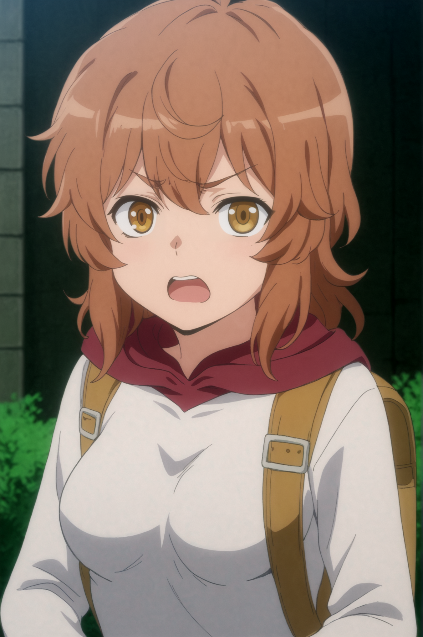 <lora:Liliruca_Arde:0.7>, Liliruca Arde, 1girl, solo, breasts, open_mouth, upper_body, hood, v-shaped_eyebrows, backpack, hood_up <lora:sdxl_lightning_4step_lora:1>