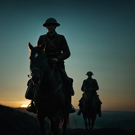 cinematic film still of  <lora:Battlefield ww1 style:1>
from below,a British man riding a horse up a hill battlefield ww1 style,hat,holding,weapon,male focus,outdoors,multiple boys,sky,bag,gun,military,helmet,rifle,sunset,riding,horse,soldier,horseback riding,reins,saddle , war, war zone, battle, warrior, soldier, dark themed, cinematic, film look, world war 1, first world war, ww1, military, dramatic light, shallow depth of field, vignette, highly detailed, high budget, bokeh, cinemascope, moody, epic, gorgeous, film grain, grainy