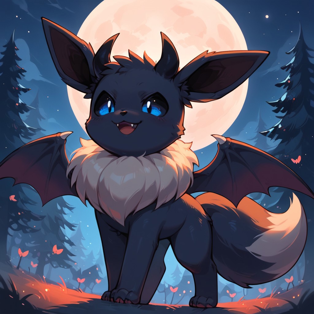 score_9, score_8_up, score_7_up, best quality, score_6_up, source_furry, night, spooky forest, solo, solo focus, 1guy(eevee, black fur, blue eyes, black sclera, male feral eevee, succubus outfit, fangs, demon wings, correct eevee paws, correct eevee maw, fluffy tail)