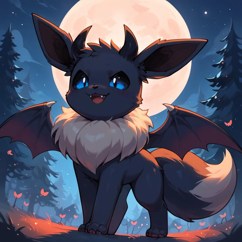 score_9, score_8_up, score_7_up, best quality, score_6_up, source_furry, night, spooky forest, solo, solo focus, 1guy(eevee, black fur, blue eyes, black sclera, male feral eevee, succubus outfit, fangs, demon wings, correct eevee paws, correct eevee maw, fluffy tail)