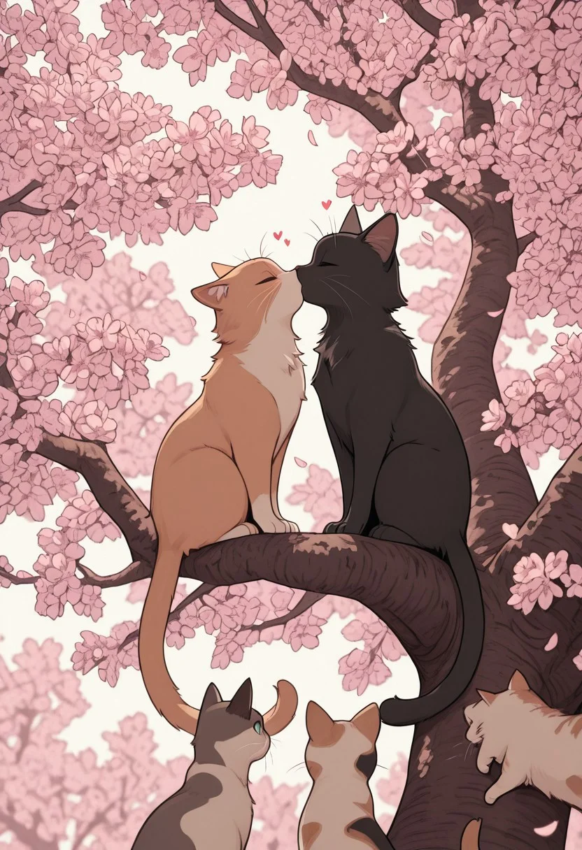 gothic_glittercore, masterpiece, best quality, very awa, absurdres, two cats sitting on a tree branch, facing each other in an intimate and harmonious pose. The left cat is black, while the right cat is white, creating a striking contrast. They are surrounded by delicate, blooming branches with small flowers, adding a serene and romantic atmosphere. The background is softly blurred, focusing the viewer's attention on the cats and their interaction. The lighting is soft, emphasizing the texture of their fur and the gentle ambiance of the scene. pink heart in front of them, ((kissing cats))