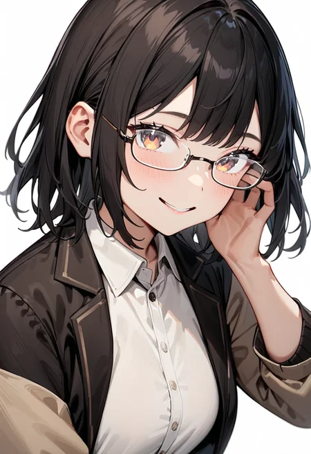 masterpiece, best quality, very aesthetic, absurdres,
1girl, solo, underrim_metal, glasses, black hair, medium hair, smile, looking at viewer, upper body, collared shirt,
white background, simple background,
<lora:under_rim_glasses_metal-frame_SDXL_V1:0.8>