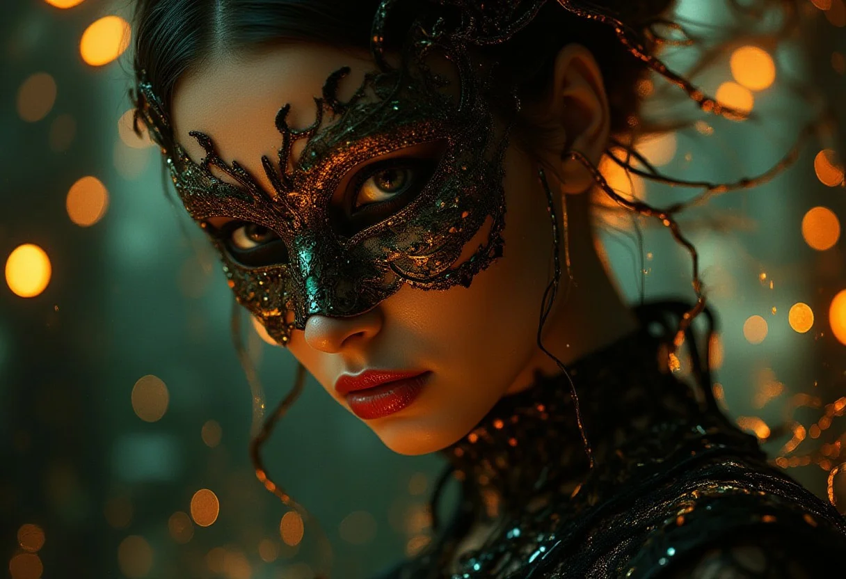 Cinematic style, realism, cinematic quality, Pastel, drawing with dry chalk,
A vibrant, futuristic form with smooth curves and a golden sheen that created an otherworldly atmosphere. The night was thick with rain, its rhythmic drumbeats in the tall windows of the old manor mingling with the low hum of jazz drifting through the room. She moved through the crowd like smoke, dark and elusive, in a shimmering dress that seemed to catch the light in all the right places. Her (((mask of delicate black lace: 1.4))), clinging to her skin, revealed just enough to spark the imagination, but hid the most important parts: her eyes. Only her lips were open, painted a shade of red that seemed both dangerous and inviting, like a whispered secret. One that could kill a man. Simple yet captivating, the design caught the light reflections on its surface, adding depth and dimension. This digital work of art embodies modernity while simultaneously awakening curiosity about what lies beyond our consciousness.