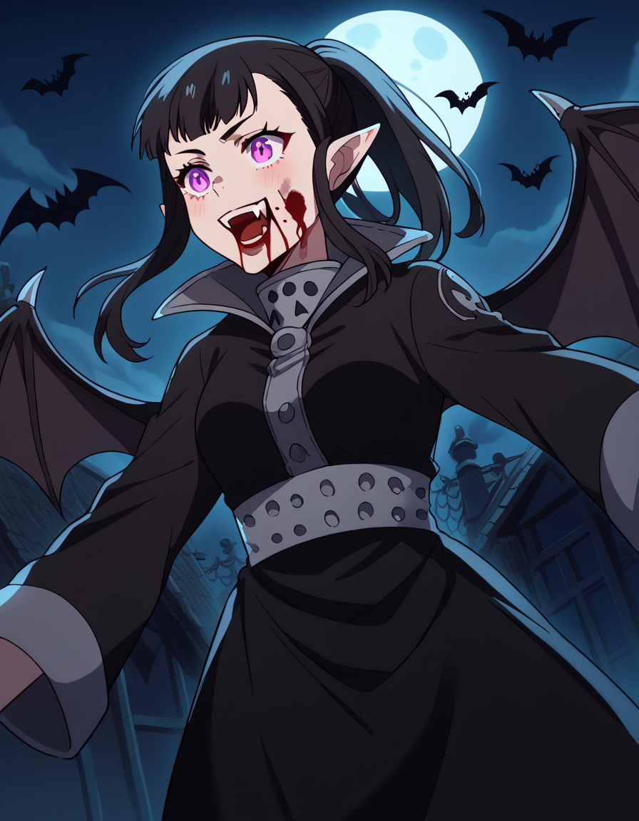 score_9, score_8_up, score_7_up, source_anime, <lora:maki-oze-s1s2-ponyxl-lora-nochekaiser:1>, maki oze, long hair, bangs, black hair, purple eyes, ponytail, medium breasts,, <lora:vampire-ponyxl-lora-nochekaiser:1>, vampire, red eyes, pointy ears, fangs, black dress, wings, blood, blood on face, blood on mouth, bat (animal), halloween, halloween costume, upper teeth only, night, moon, blush, smile, open mouth, , dutch angle, cowboy shot