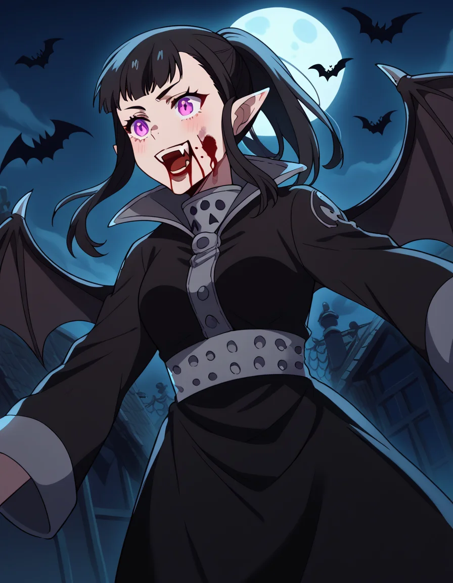 score_9, score_8_up, score_7_up, source_anime, <lora:maki-oze-s1s2-ponyxl-lora-nochekaiser:1>, maki oze, long hair, bangs, black hair, purple eyes, ponytail, medium breasts,, <lora:vampire-ponyxl-lora-nochekaiser:1>, vampire, red eyes, pointy ears, fangs, black dress, wings, blood, blood on face, blood on mouth, bat (animal), halloween, halloween costume, upper teeth only, night, moon, blush, smile, open mouth, , dutch angle, cowboy shot